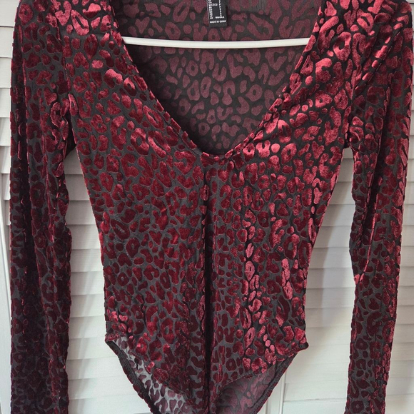 Forever 21 Pants - Forever 21 sheer leapard velvet Burgundy red V neck bodysuit